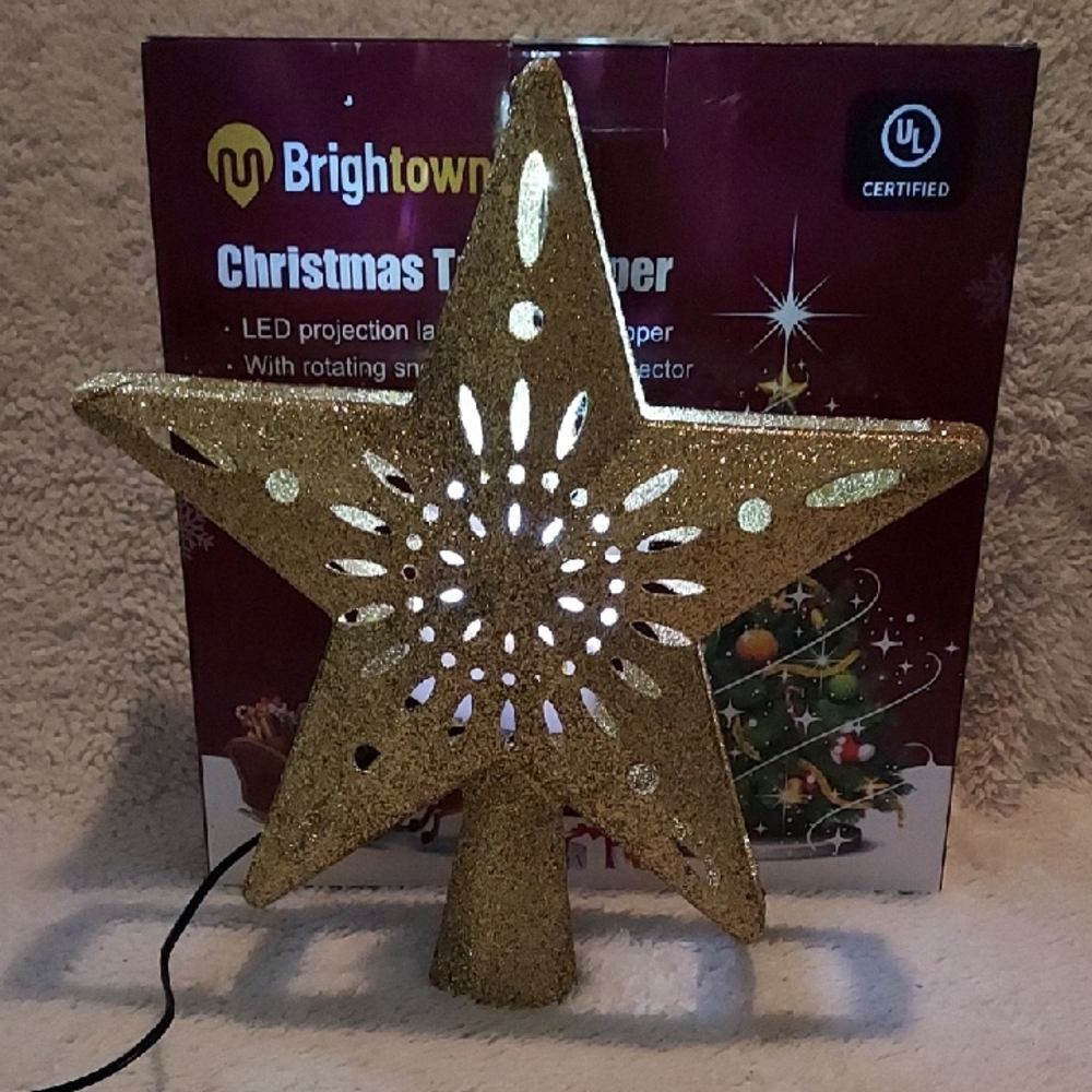 Gold 3D Hollow Flash Projection Tree Topper LED Star Snow. 10"×9"